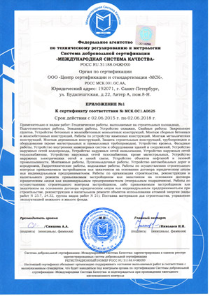 Приложение 1 к сертификату качества
